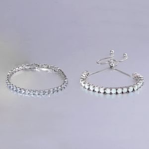 2Pcs Tennis Bracelet - Adjustable White Opal Bracelet and Cubic Zirconia Tennis